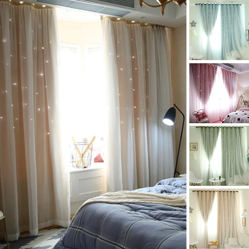 Star Blockout Romantic Curtains 2-Layers Eyelet Pure Fabric Bedroom Darkening