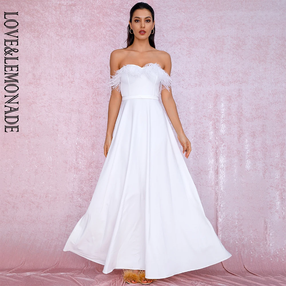 LOVE&LEMONADE Sexy White Feathers A-Shape Party Maxi Dress LM81749