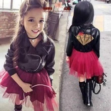 Осеннее лоскутное кожаное платье для девочек вечерние свадебные детские Куртки из искусственной кожи Сетчатое платье vetement fille детское платье принцессы TZ49