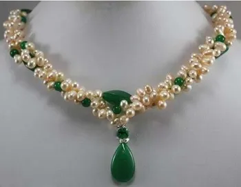 

wholesale 3 rows pink Akoya Cultured Pearl green jade Love drops tears Pendants Necklace