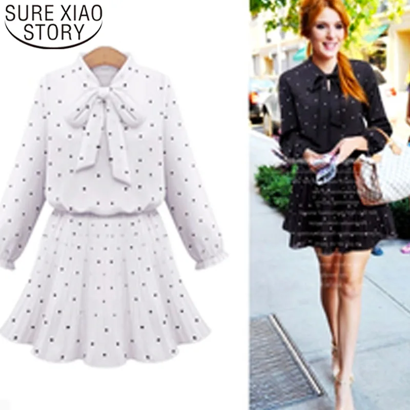 

Women dress 2019 Bow Above Knee, Mini Dot Full A-Line office Lady chiffon dresses Empire Bow ladies white dresses 3418 50