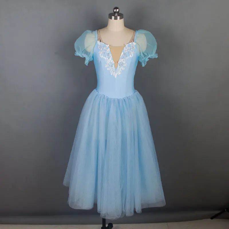 Professional Romantic long tutu pale blue Spandex Bodice Performance