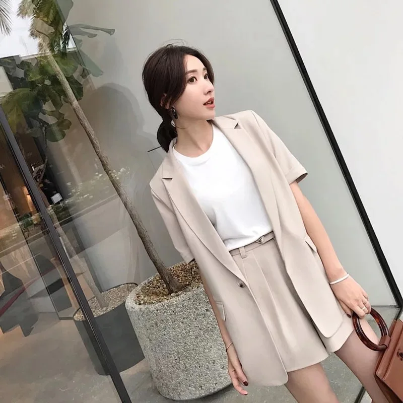 Women's suit suit solid color shorts suit Fashion short sleeve solid color suit Women's high waist shorts and suit 2019