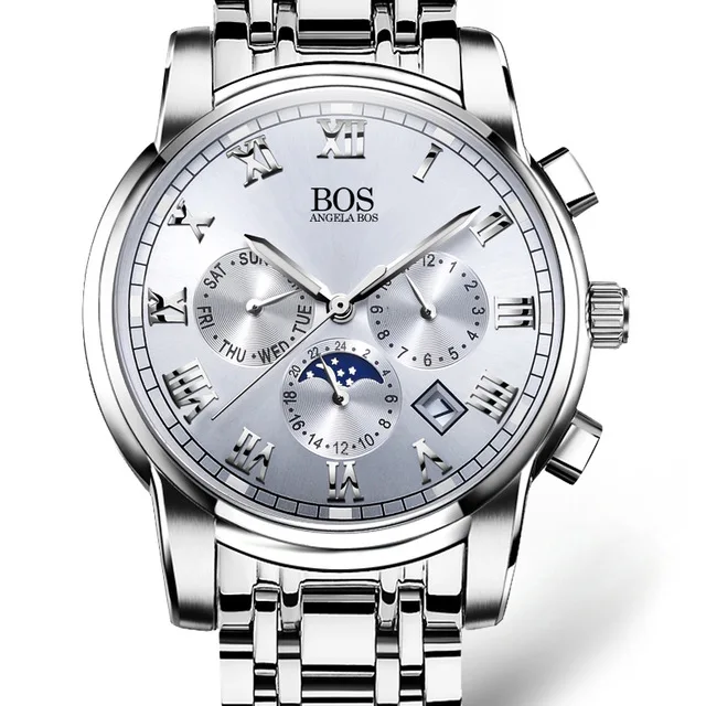 

ANGELA BOS Germany watches 9011 Date Week Month Sub Dial Work Waterproof Luminous Steel Mens Watches Men's Watches Quartz Wrist