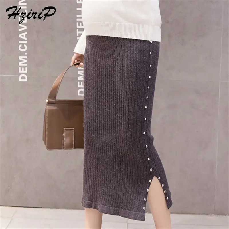

HziriP 2019 New Spring Pearls Stylish Simple Fashion Maternity Fork Skirts High Waist Pregnant Knitted Women Clothing 2 Colors