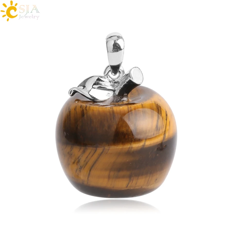 CSJA подвеска яблоко натуральный камень подвеска Кристалл кулоны кварцевые бусы ожерелья модные украшения для женщин подарок G046 - Окраска металла: Tiger Eye