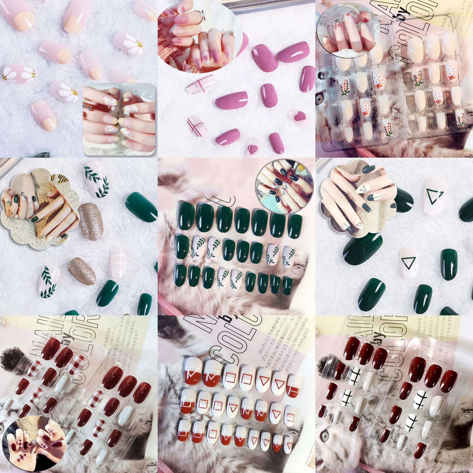 

24pcs False Nails Tips Artificial Fake Tips Full Cover Short Press On Nails Art Polish Fingernails Patchwork With Stickers Set