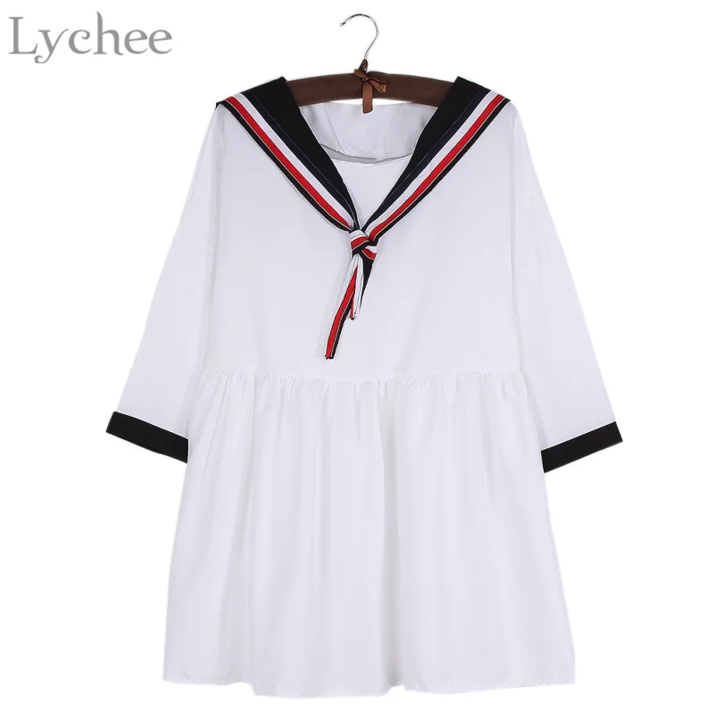 

Lychee Preppy Style Spring Summer Women Dress Sailor Collar Striped Casual Loose Mini Dress