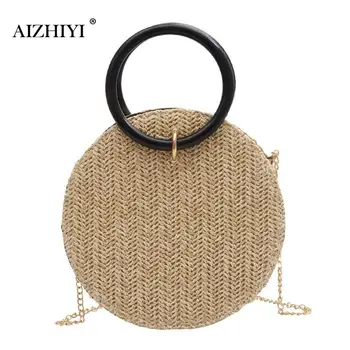 

Fashion Circle Top-handle Bags Shoulder Messenger Handbags Casual Summer Beach Women Straw Woven Small Round Chain Crossbody Pac