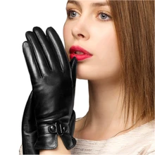 BOOUNI Genuine Leather Gloves Fashion Trend Women Sheepskin Glove Thermal Winter Plus Velvet Leather Driving Gloves NW745