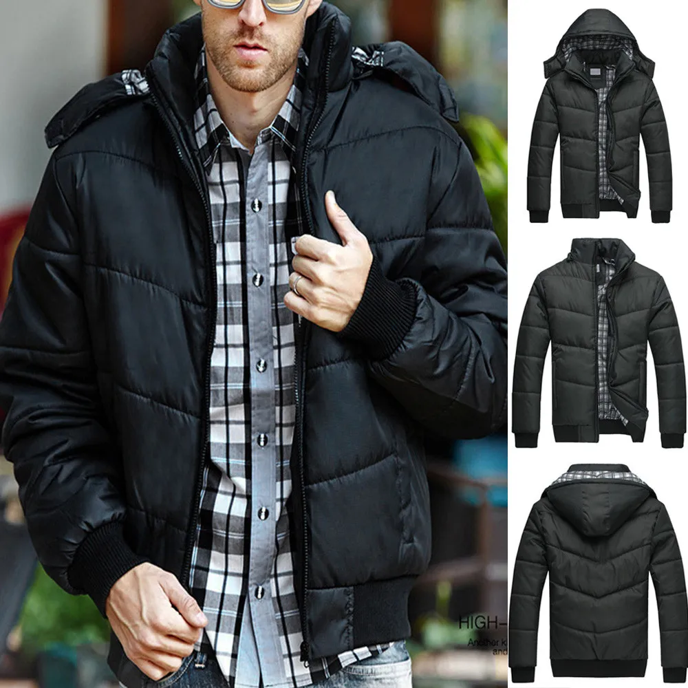 Men Hiking Rain Jacket Black Puffer Jacket Keep Warm Outdoor Down Jacket Overcoat Outwear Padded Hooded Down Winter Coat J71