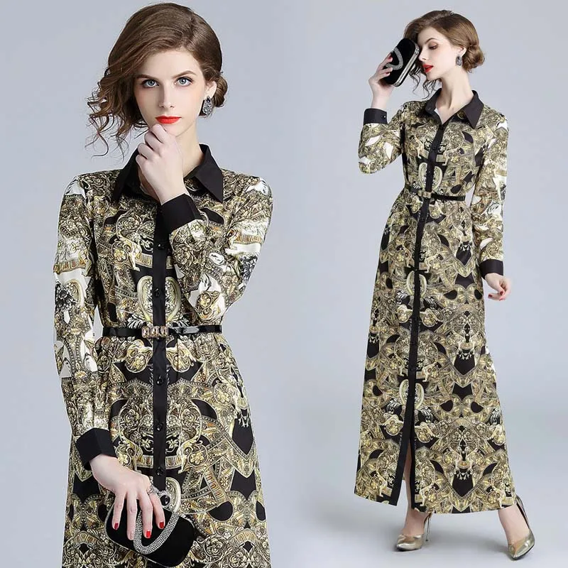 

2018 europe autumn quality dress vintage print shirt dress black yellow designer autumn vintage maxi lng dress party