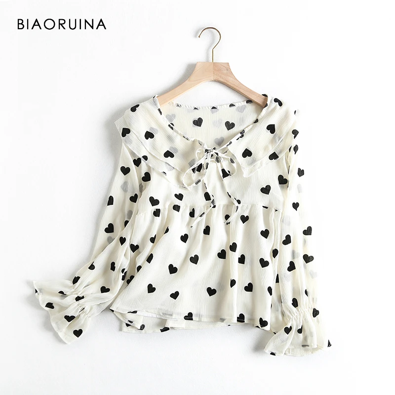 

BIAORUINA Women's Heart Printing White Shirt Ruffled Collar Korean Style Female Chiffon Casual Summer Blouse Blusa Flare Sleeve