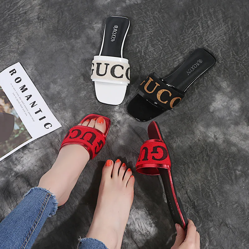 

2019 fashion brand design leisure summer ladies slippers flats heels women Slides Holiday Beach Shoes black red white Size 40