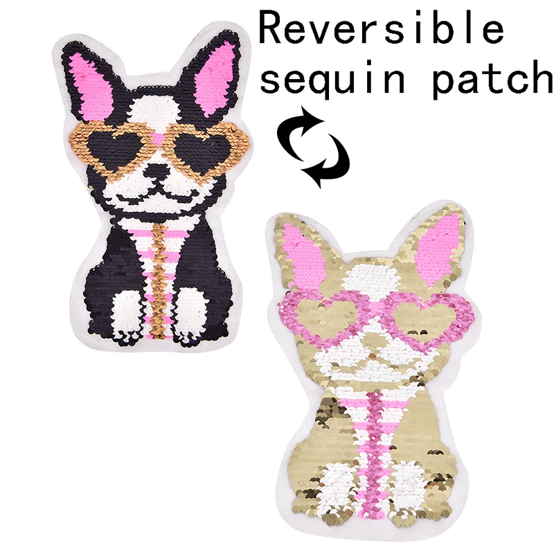 

Reversible Change color Sequins Sew On Patches Dog wearing heart glasses for clothes DIY Patch Applique Bag Coat Sweater Crafts