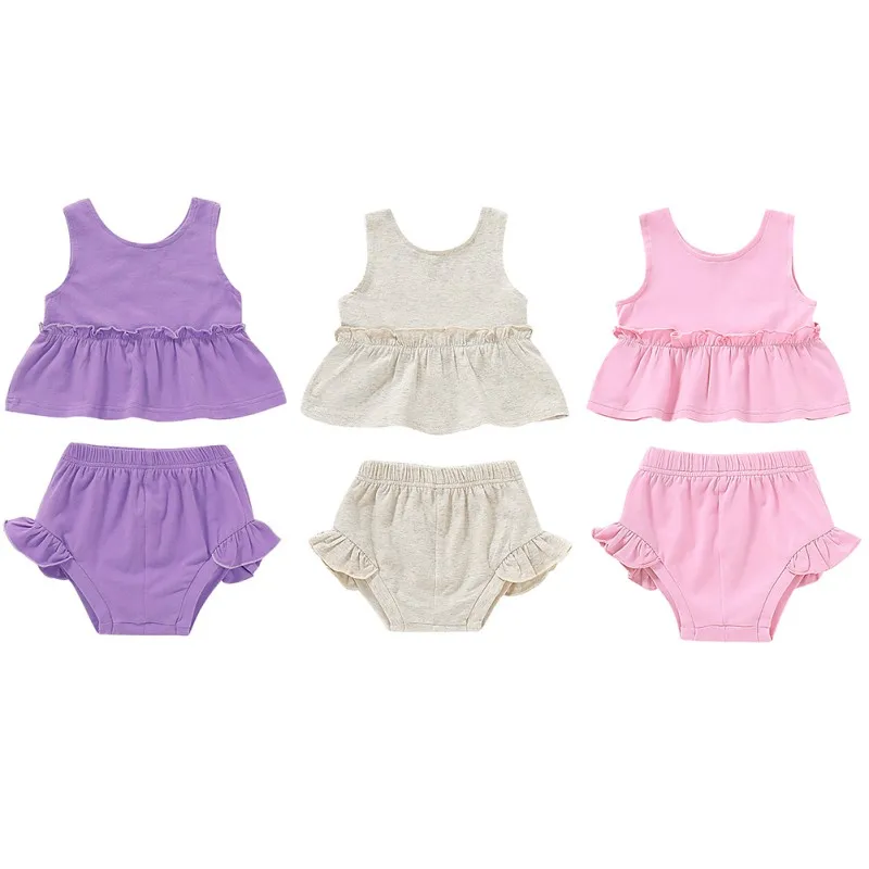 

Solid Color O-Neck Bow-knot S/M/L/XL Summer Baby Girl Cute Sleeveless Garment And PP Pants Kit Kid Two-piece Outfit Set 0-2Y