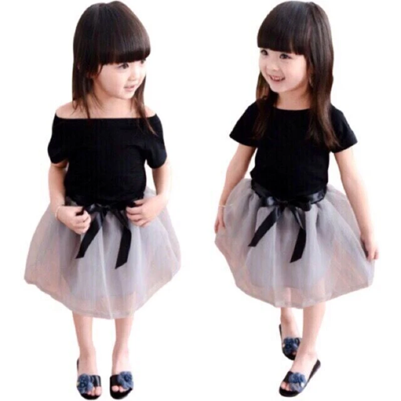 

Baby Girls Clothing Set Kids Toddler Girl Outwear Solid T-shirt Tutu Princess Bow Knot Mini Skirt Short Sleeved Off Shoulder Tee