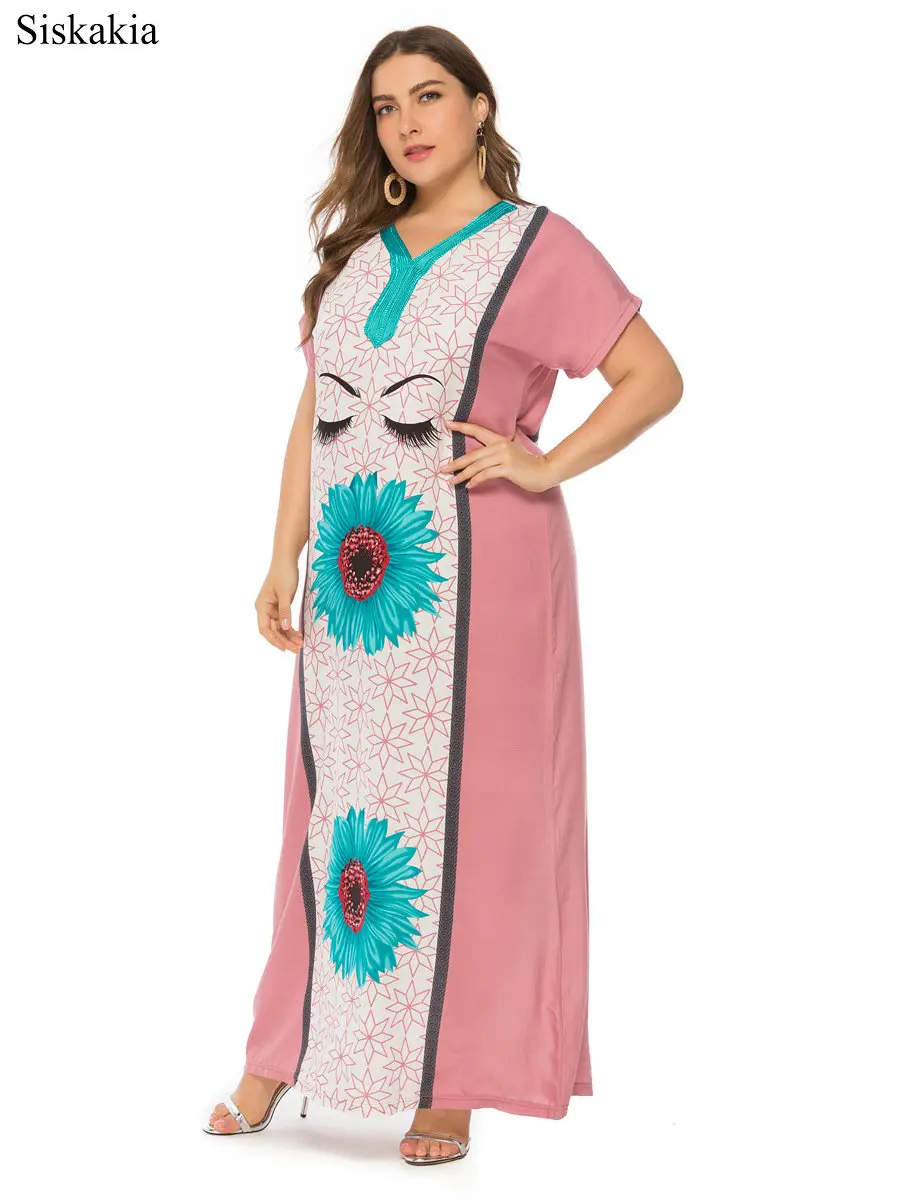 Siskakia Flower Print Plus Size Women Maxi Long Dress Vintage Loose V Neck Short Sleeve Female Dresses Blue Pink Summer 2019 New (7)