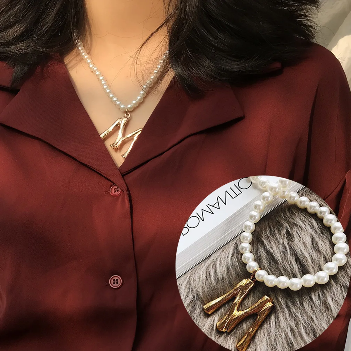 

Vintage Beads Chain Big Pendant Necklaces Gold Color Pearls Chain M Letter Sweater Necklaces For Women Statement Necklace