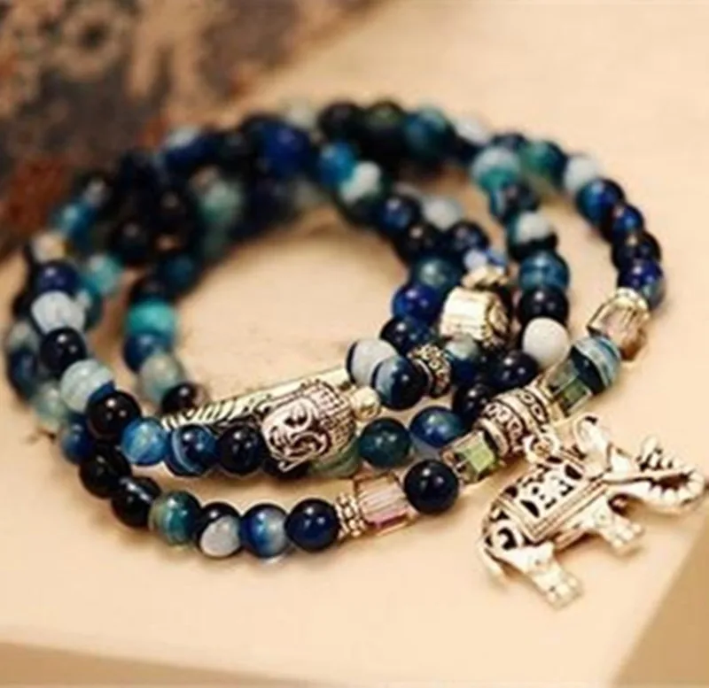 Преобладает натуральный кристалл браслет женский винтажный Модный многослойный Синий Турмалин браслет голова Будды
