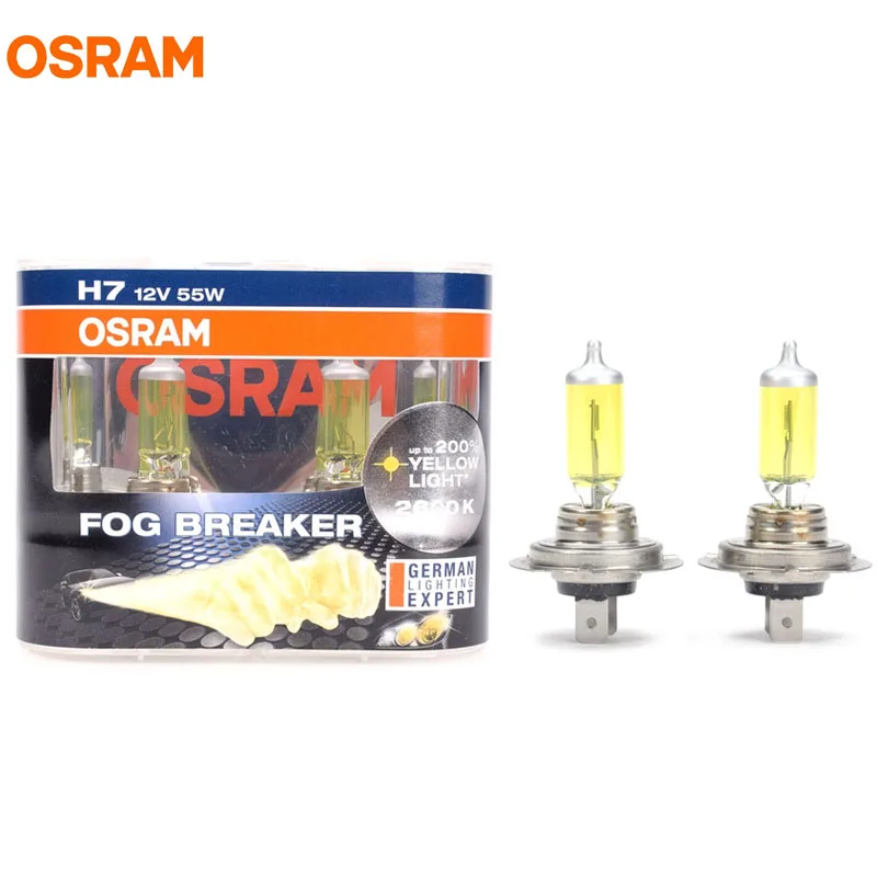 OSRAM H7 12V 55W 2600K 62210FBR Fog Breaker Xenon Yellow 200% Yellow Light 60% More Bright Car Halogen Hi/lo Beam OEM Bulbs Pair