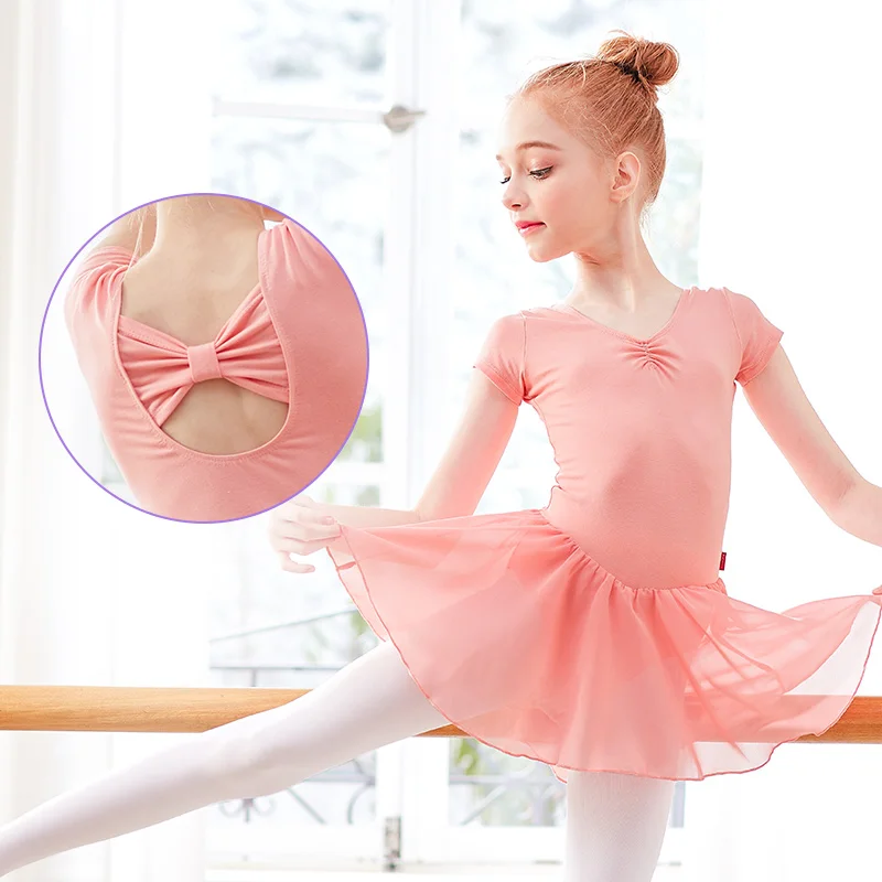 Балетное платье для девочек гимнастическое трико с коротким рукавом балетная Одежда для танцев с шифоновыми юбками
