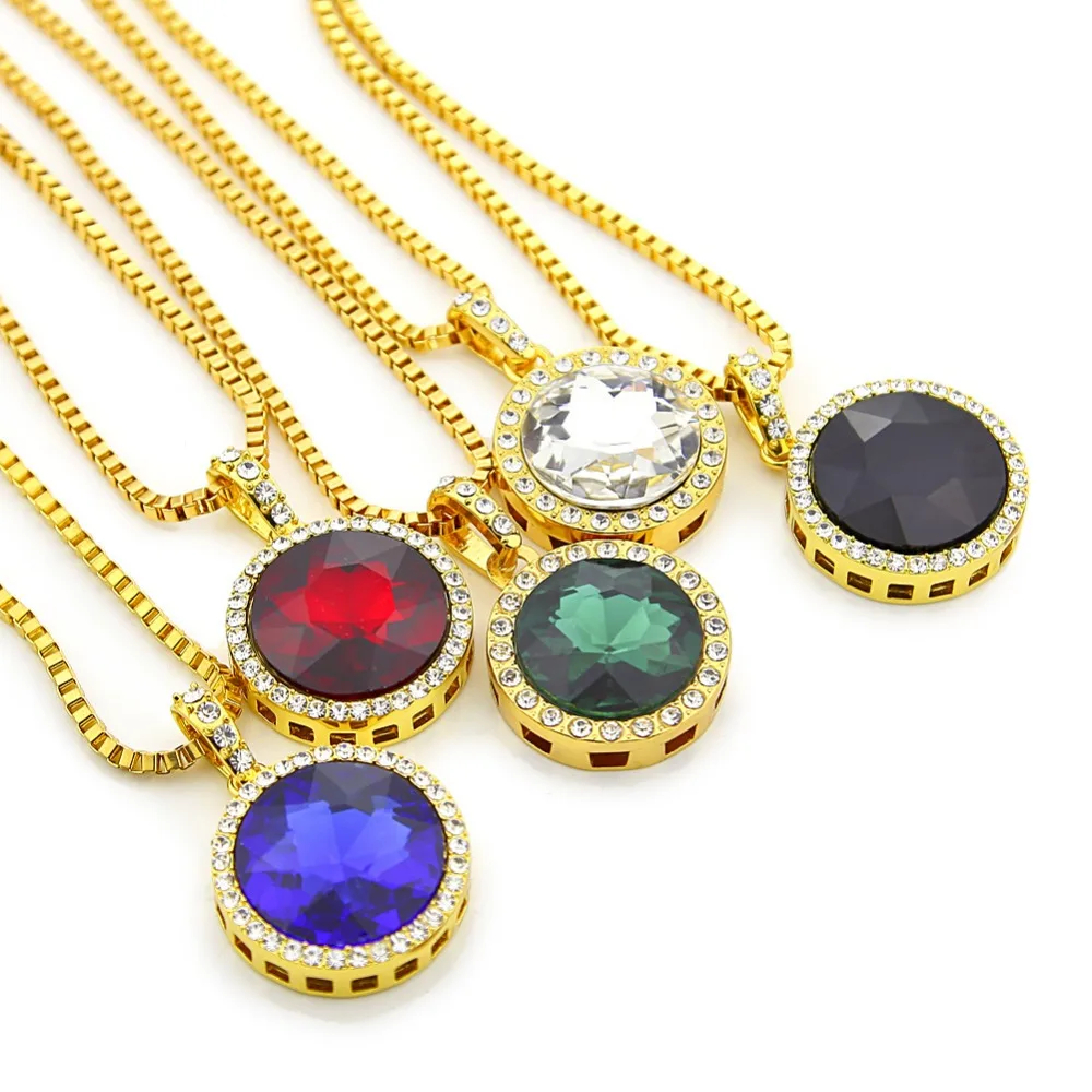 MCSAYS Hip Hop Jewelry Big Round Crystal Pendant Stainless Steel Necklaces 60cm Box Chain Bling Colorful 4GM | Украшения и