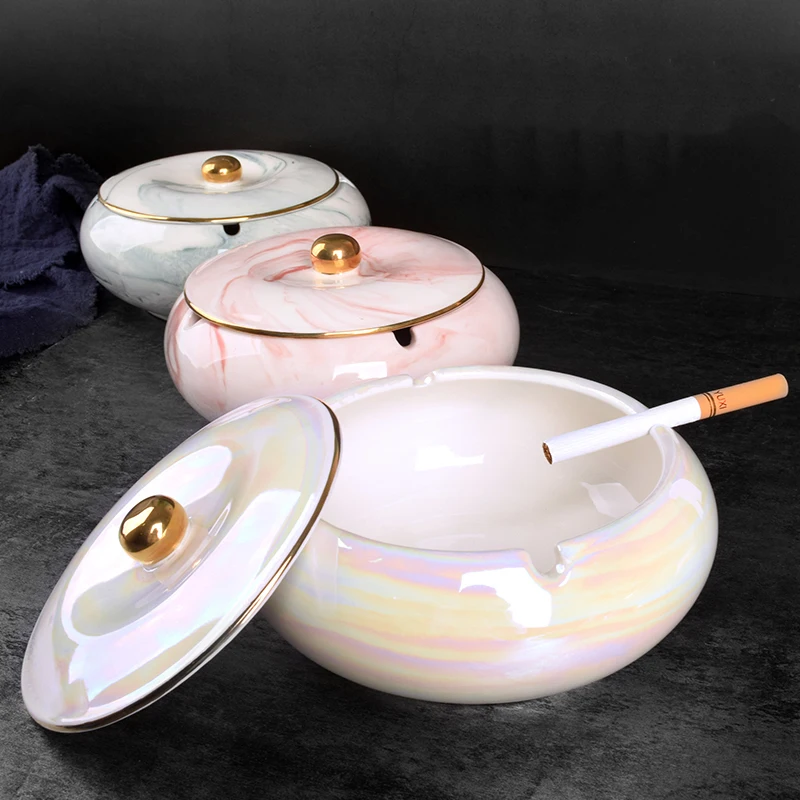 

Fashion art stone texture round ceramic ashtray Simple exquisite office decorative ashtray with lid