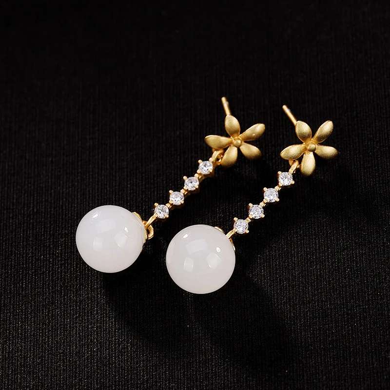 

INALIS New Elegant Drop Earrings 925 Sterling Silver Single Round White Natural Jade Dangle Brincos for Women Wedding Jewelry