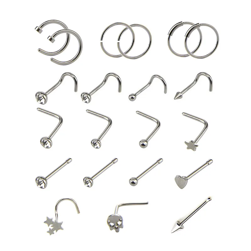 21Pcs Crystal Nose Hoop Ring Set Bone Bar Pin Cartilage Piercing Studs Body Jewelry Hot Sale