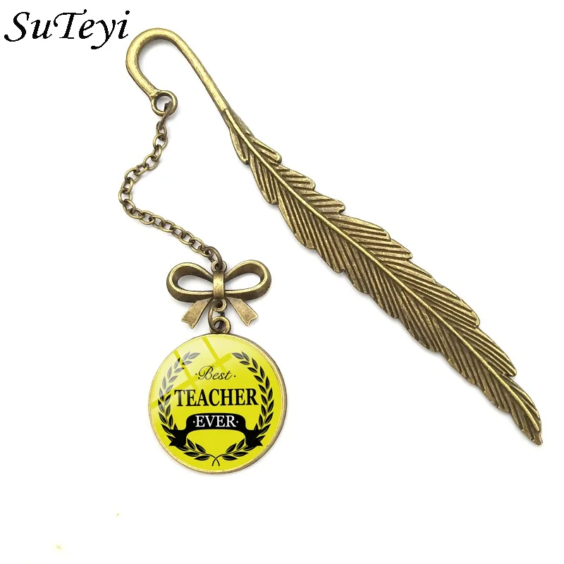 

Suteyi 2018 New Arrival Best MOM DAD Ever Love Yellow Pink Glass Bookmark Pendant Cabochon For Family Teacher Gifts