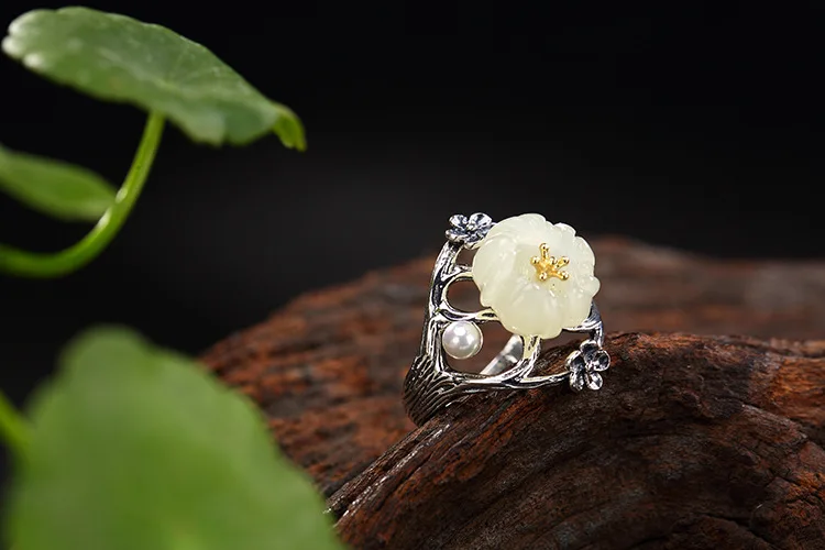 S925 Стерлинговое Серебро, тайское серебро, натуральный белый нефрит, натуральный жемчуг, кольцо, ретро стиль, классический цветок сливы, лист, женские открытые кольца