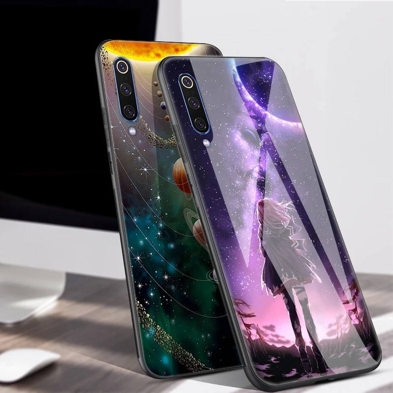Tempered Glass Case For Xiaomi Mi 9 Case Space Flower Cover For Xiaomi mi9 Case Silicone Bumper Coque For Xiaomi mi 9 Cover Capa
