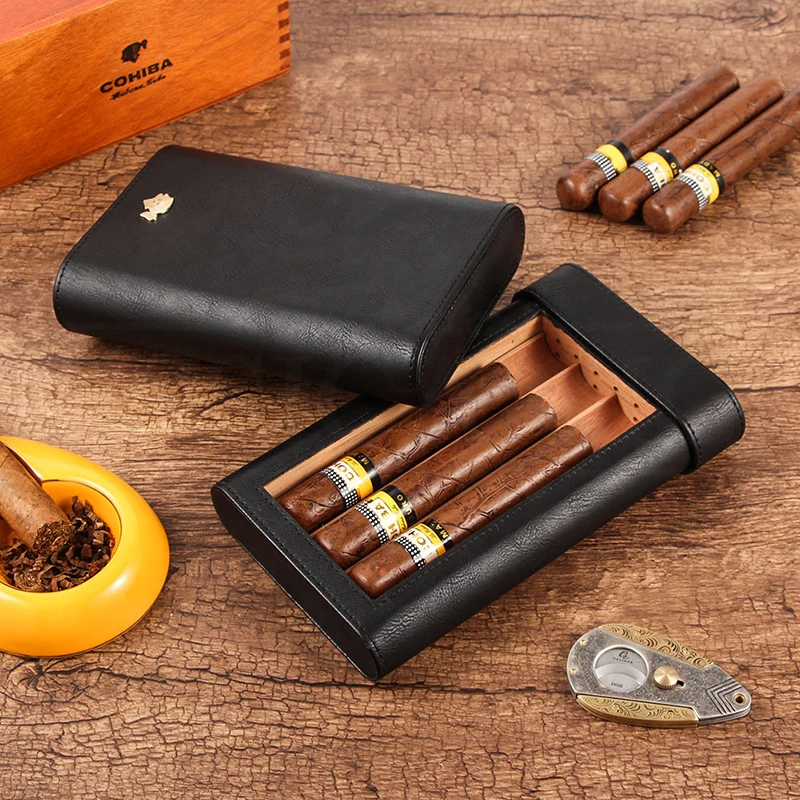 

COHIBA Travel 3 Tube Cigar Case Leather Humidor Portable Spanish Cedar Wood Black Brown W/ Humidifier Cigar Humidor Box