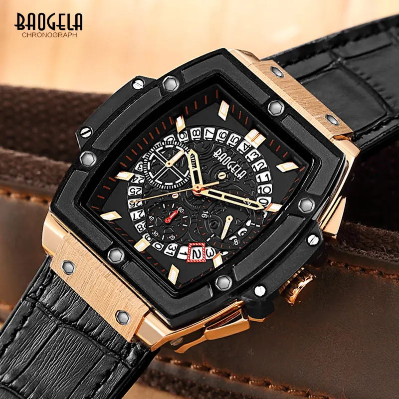 Baogela мужские спортивные кварцевые часы с кожаным ремешком и хронографом, модные армейские прямоугольные аналоговые наручные часы для мужчин 1703, розовые