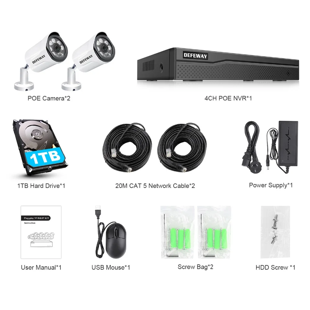 DEFEWAY HD 4CH NVR 1080P POE 48V CCTV System Kit 2MP IP Camera Waterproof IR P2P Video Security Surveillance 2 Camera 1TB HDD DEFEWAY HD 4CH NVR 1080P POE 48V CCTV System Kit 2MP IP Camera Waterproof IR P2P Video Security Surveillance 2 Camera 1TB HDD