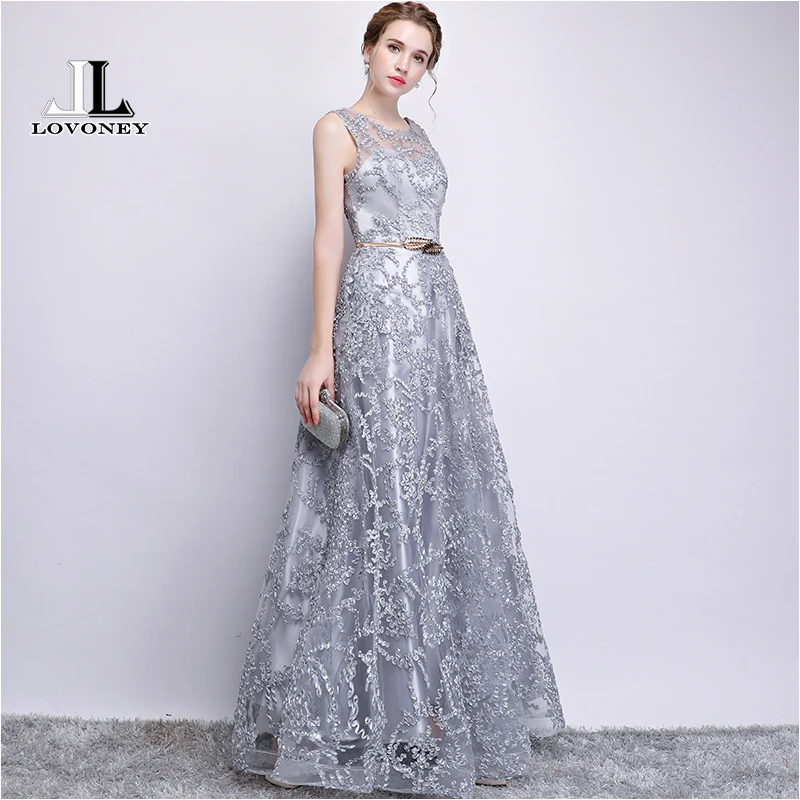 LOVONEY Elegant Evening Dress Long A Line See Though Back Formal Dresses Women Occasion Party Dresses with Belt 2019 New YS411