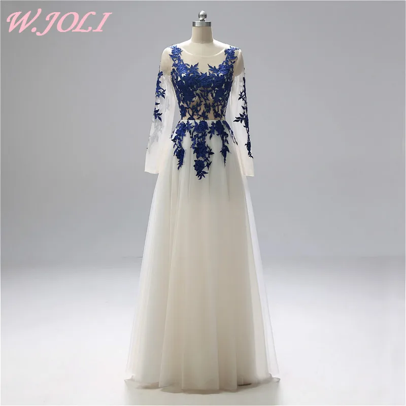 

W.JOLI 2019 Evening Dress Elegant Long O-Neck Lace Prom Gown with Embroidery Vantage Wedding Party Evening Dresses