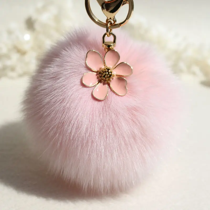 

10cm Fluffy Pompom Flower Genuine Real Fox Fur Pom Pom Keychain Fur Ball Key Chain Car Women Bag Charm Accessories Pendants
