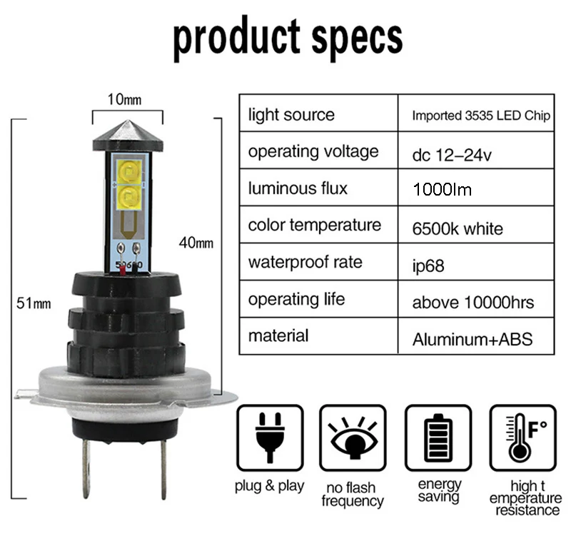 2pcs H1 H3 9006 HB4 H11 H8 H7 Auto LED Fog Light Bulb 9006 880 881 20W LED Bulb Car Daytime Running Light DRL Lamp 6500K White