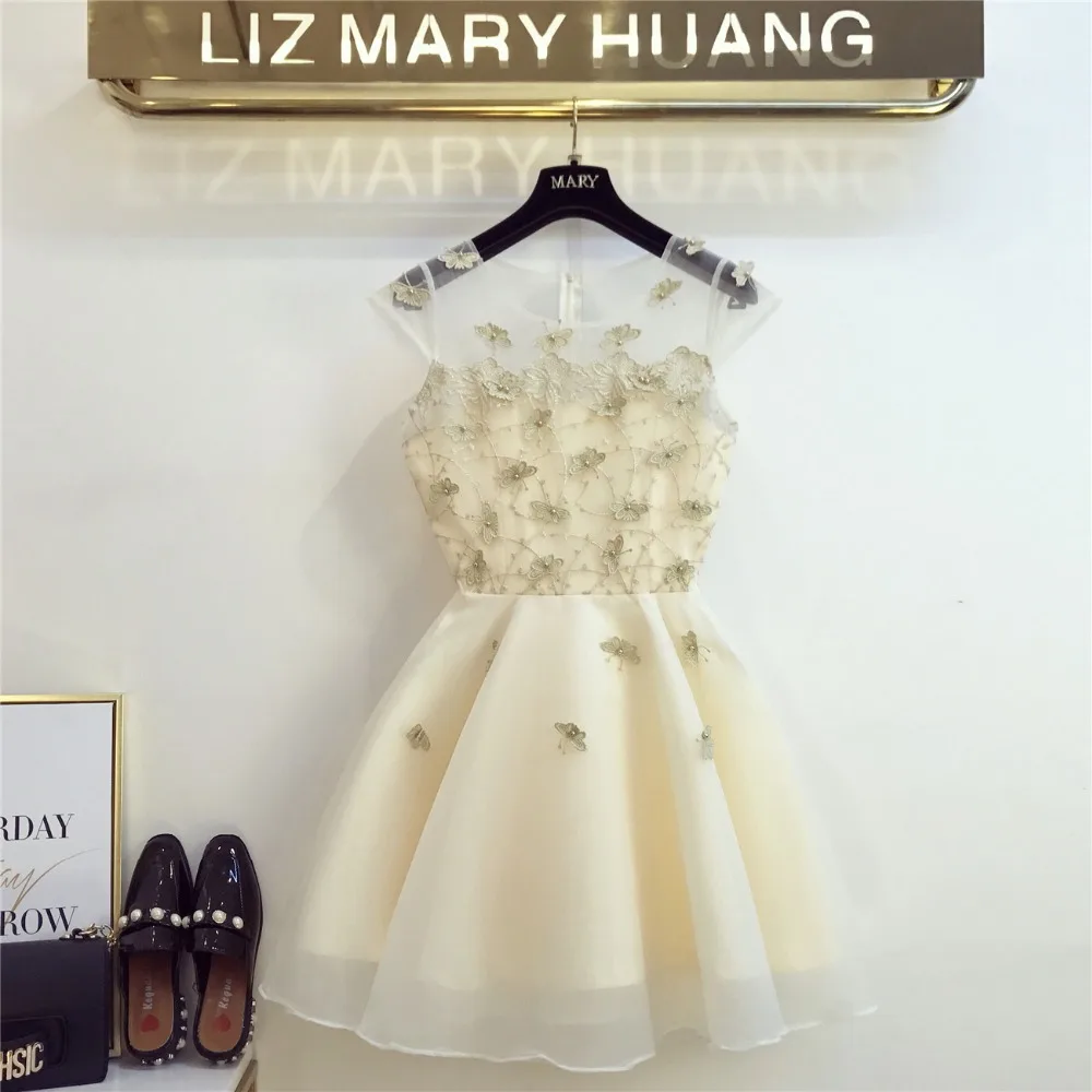 

Hot Sale Summer Beading Embroidery Butterfly Pattern Perspective Patchwork Organza Women Dress High Waist Pleated Mini Dress