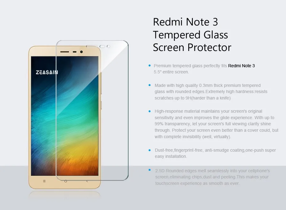 Original ZEASAIN Screen Protector For Xiaomi Redmi Note 3 Xioami Note3 Premium Tempered Glass  2.5D 0.3mm  Protective Film Glass (8)