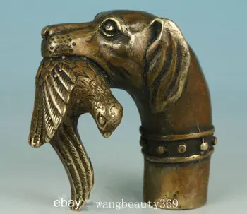 

Chinese Old China Old Bronze Hand Carved Dog Bitten Birds Statue Cane Walking Stick Collect decoration bronze factory outlets
