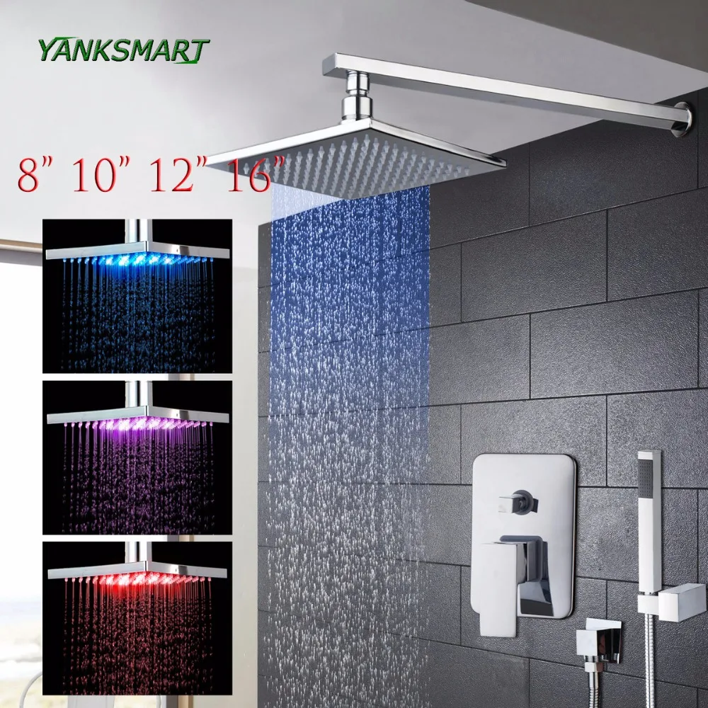 

YANKSMART LED Wall Mount 8 10 12 16 Inch Shower Head Set with Control Valve Hand Sprayer Chrome Polished Bathroom Shower System