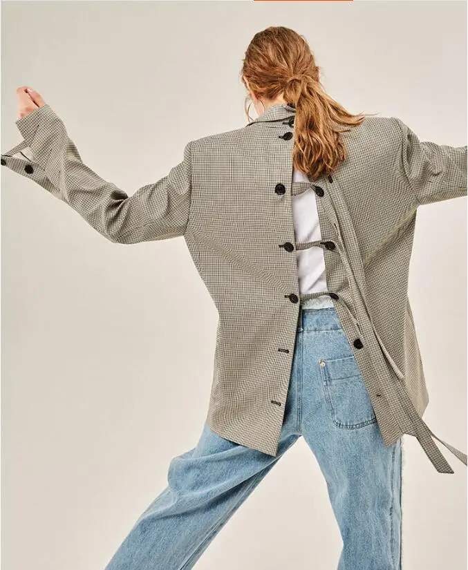 

Spring/autumn 2018 loose-back binding button-down suit leader's son opens a thousand birds plaid suit jacket female.