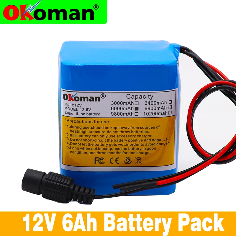 Okoman аккумулятор большой емкости 12 V 6000 mAh 18650 литий-ионная аккумуляторная батарея 6Ah DC12.6V портативная упаковка для аккумуляторов