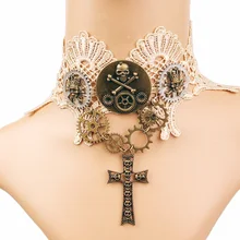 Готическое ожерелье в стиле стимпанк, женское винтажное пиратское рулевое снаряжение, Королевское ожерелье с черепом и крестом, кружевное Массивное колье, короткое ожерелье, s