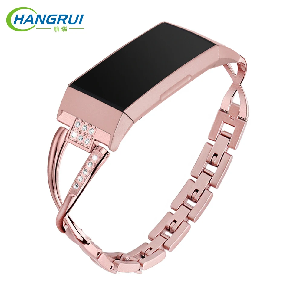

HANGRUI Fashion Women Watch Band Metal wristband for fitbit charge 3 Smart Bracelet Strap rose pink stainless steel band