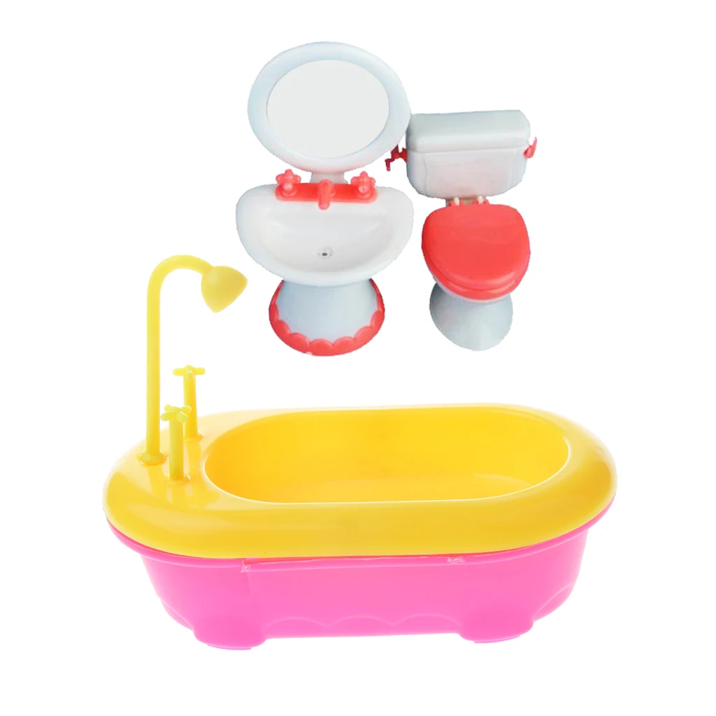 Miniature Bathroom Set Bathtub Toilet Basin for Doll House Accessory