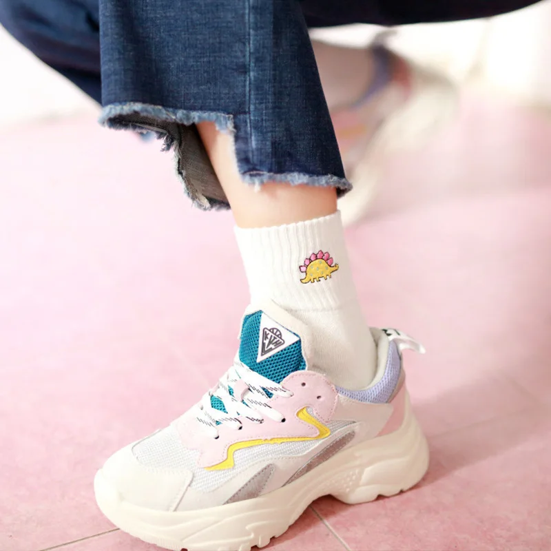Cute Women Embroidery Dinosaur Cotton Socks Yellow Lovely Cartoon Animal Vintage Short Socks Novelty Crazy Funny Cozy Sock Funky